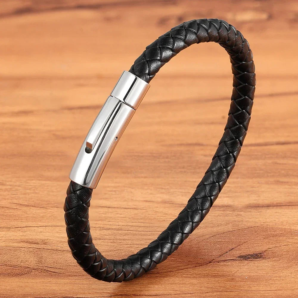 Bracelet en Cuir pour Homme avec Bouton en Acier Inoxydable