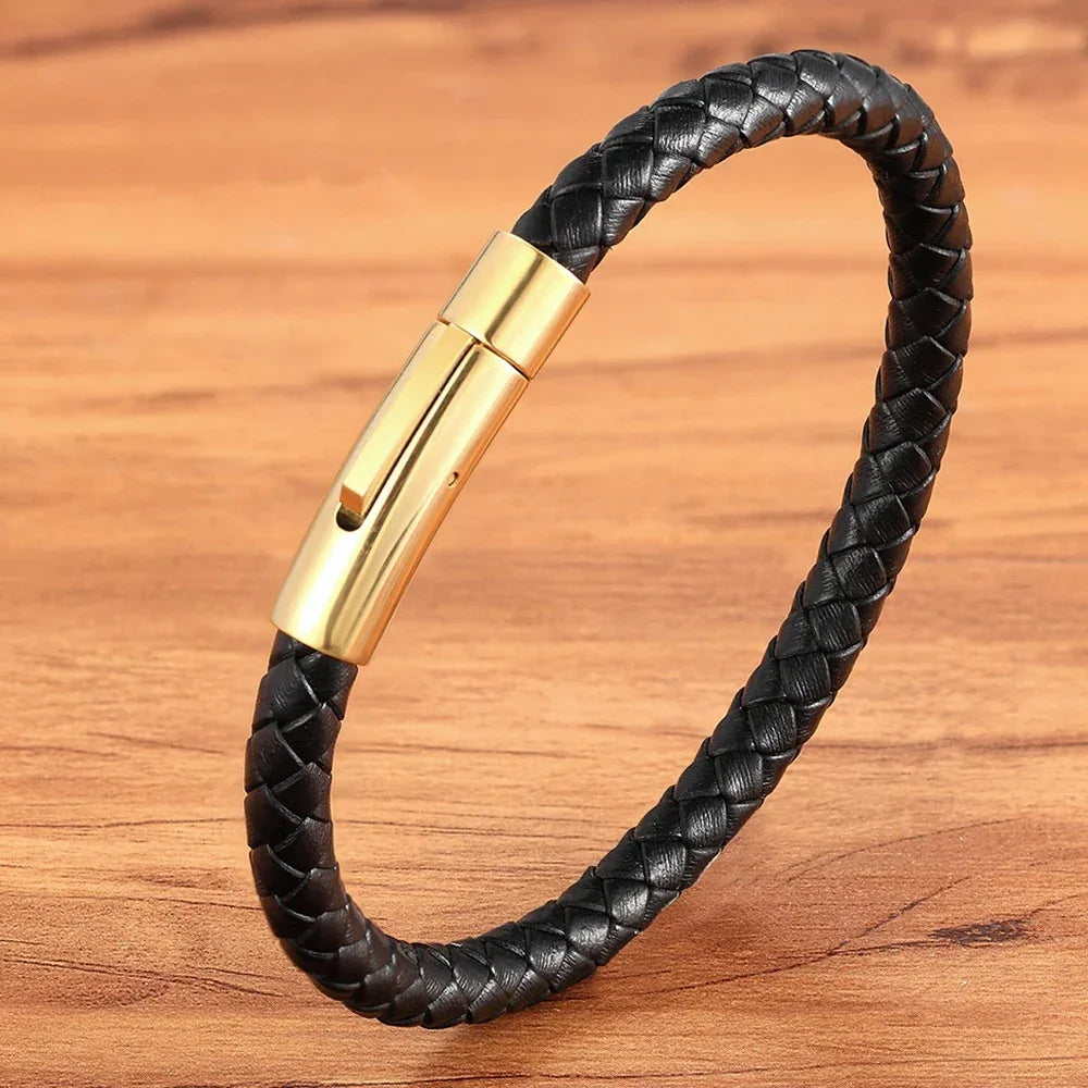 Bracelet en Cuir pour Homme avec Bouton en Acier Inoxydable